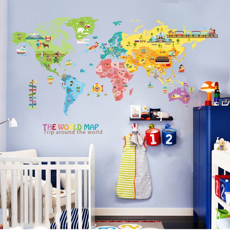 Large Animal World Map Wall Stickers Cartoon Map M... – Grandado