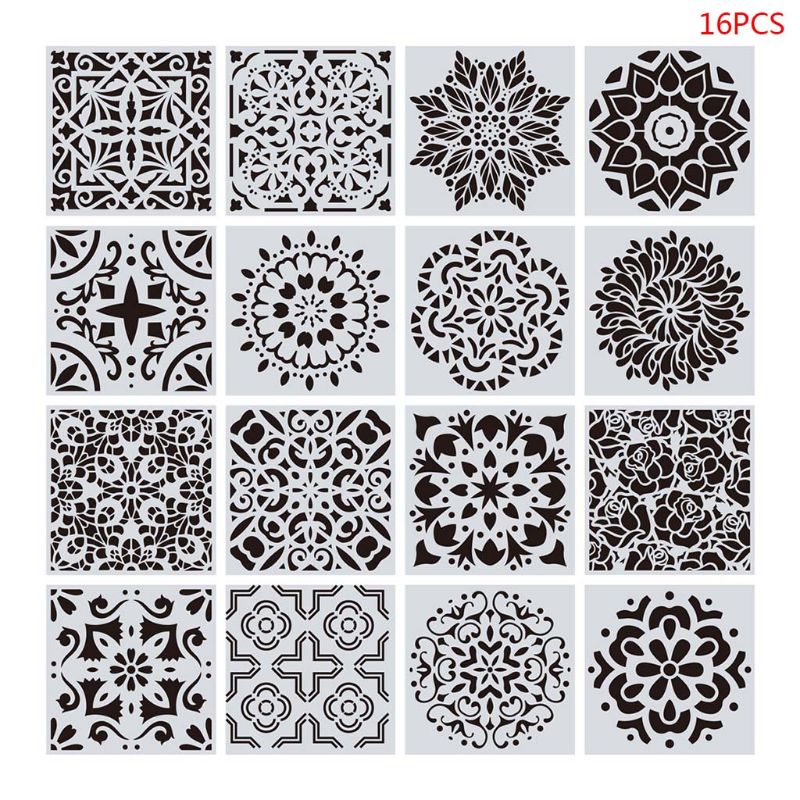 16 stk/sæt mandala stencils gør-det-selv-tegneskabelon vægmaling til træfliser rock boligindretning 15 x 15cm: Default Title