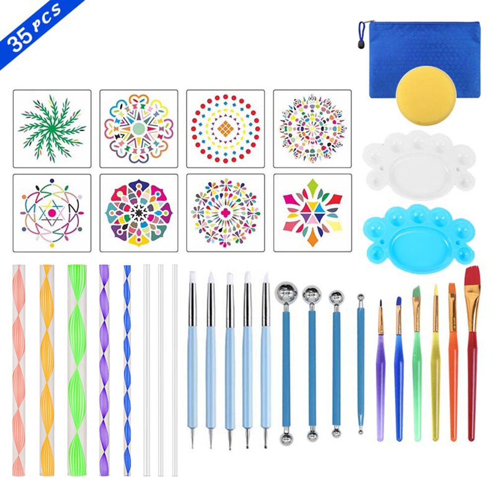 35Pcs/lot Mandala Dotting Tools Kits DIY Acrylic Stick Pen Stencil Template Brush Tray Kit for Painting Rocks Dotting Tool: 35pcs