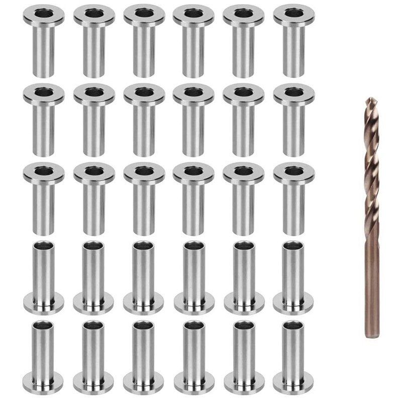 30 Pack T316 Stainless Steel Protector Sleeves for 1/8Inch Wire Rope Cable Railing DIY Balustrade with A Drill Bit