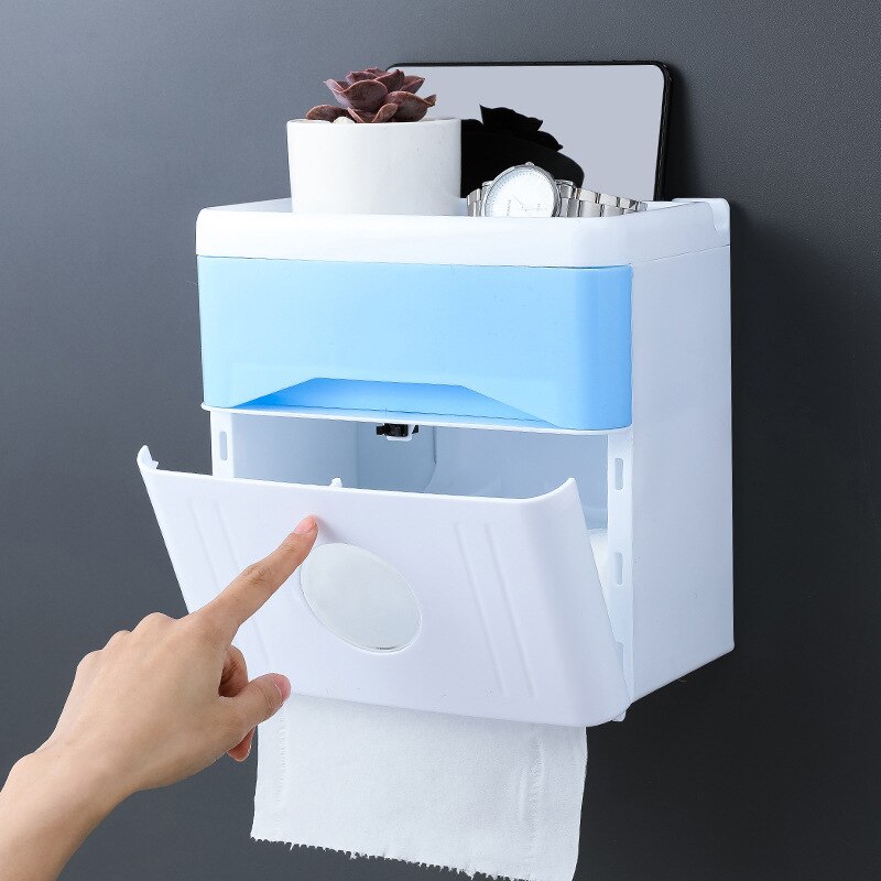 Wall Mounted Tissue Box Double-layer Push-opening Toilet Paper Holder With Drawer Mobile Phone Rack Home Improvement