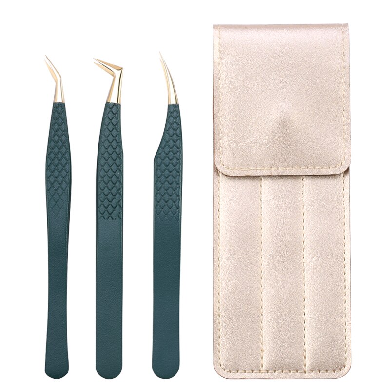 3Pc Eyelash extension Tweezers Set With Bag Stainless Steel Accurate 3D Volume Fan Lash Eyebrow Tweezer Makeup Tools Accessories: Sky Blue