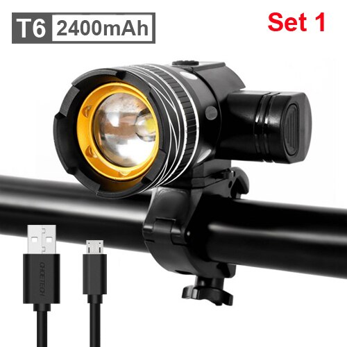 NEWBOLER-Luz de bicicleta T6 con batería recargable por USB, faro delantero de bici, lámpara de ciclismo con luz trasera, ajustable, 5000mAh: 2400mAh Set 1