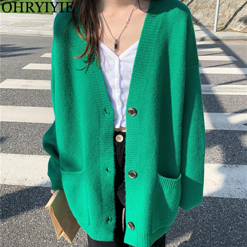 Cardigã de comprimento médio para mulheres, suéter verde com decote em v solto, cardigã de malha feminino de manga comprida, casaco midi, outono e inverno, 2023
