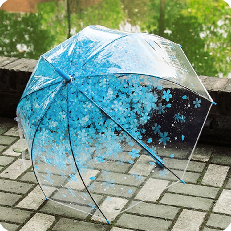 Gennemsigtig sakura paraplyer langhånds halvautomatisk børneparaply klar kirsebærblomst regnparaply til piger: Blå