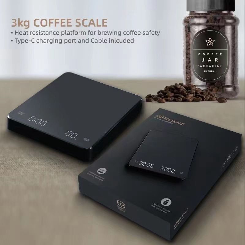 3kg 0.1 Digital Brewing Coffee Scale LED Screen Charging Pour Kitchen Scales Electronic Drip Coffee Weight Balance Timer Black