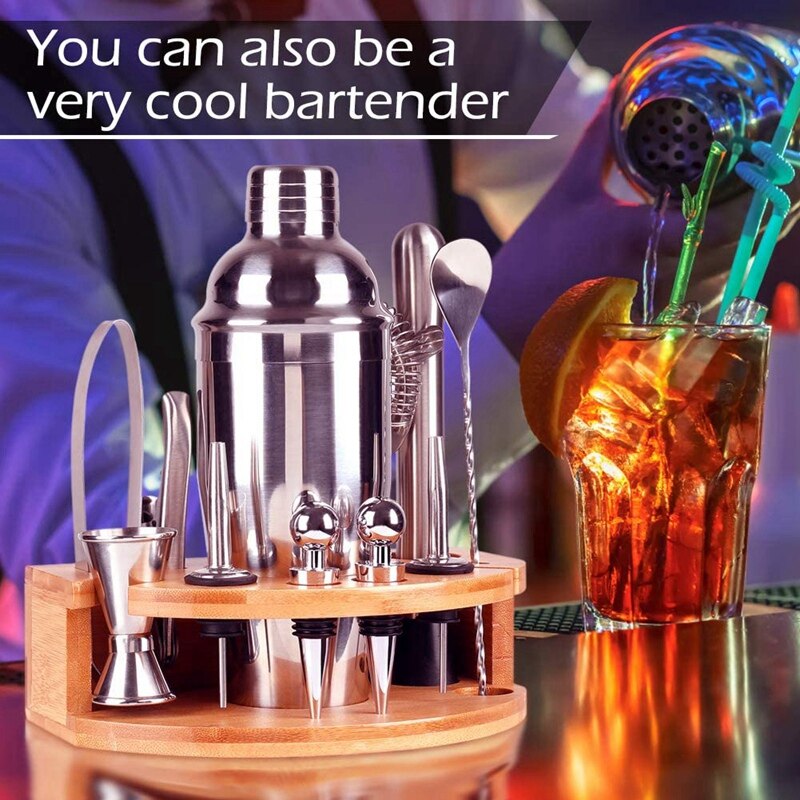 Kit de barman de 12 pièces avec support ensemble de secoueur à Cocktail en acier inoxydable-Martini Shaker Jigger passoire barre mélangeur cuillère