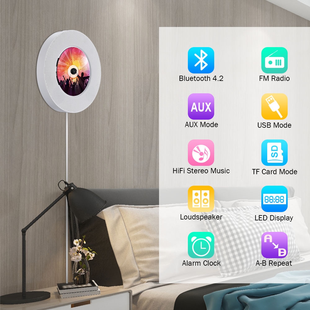 Remote Control Portable CD Player Bluetooth Desk Stand Wall Mountable CD Player Walkman LCD Display Home Audio Boombox Radio