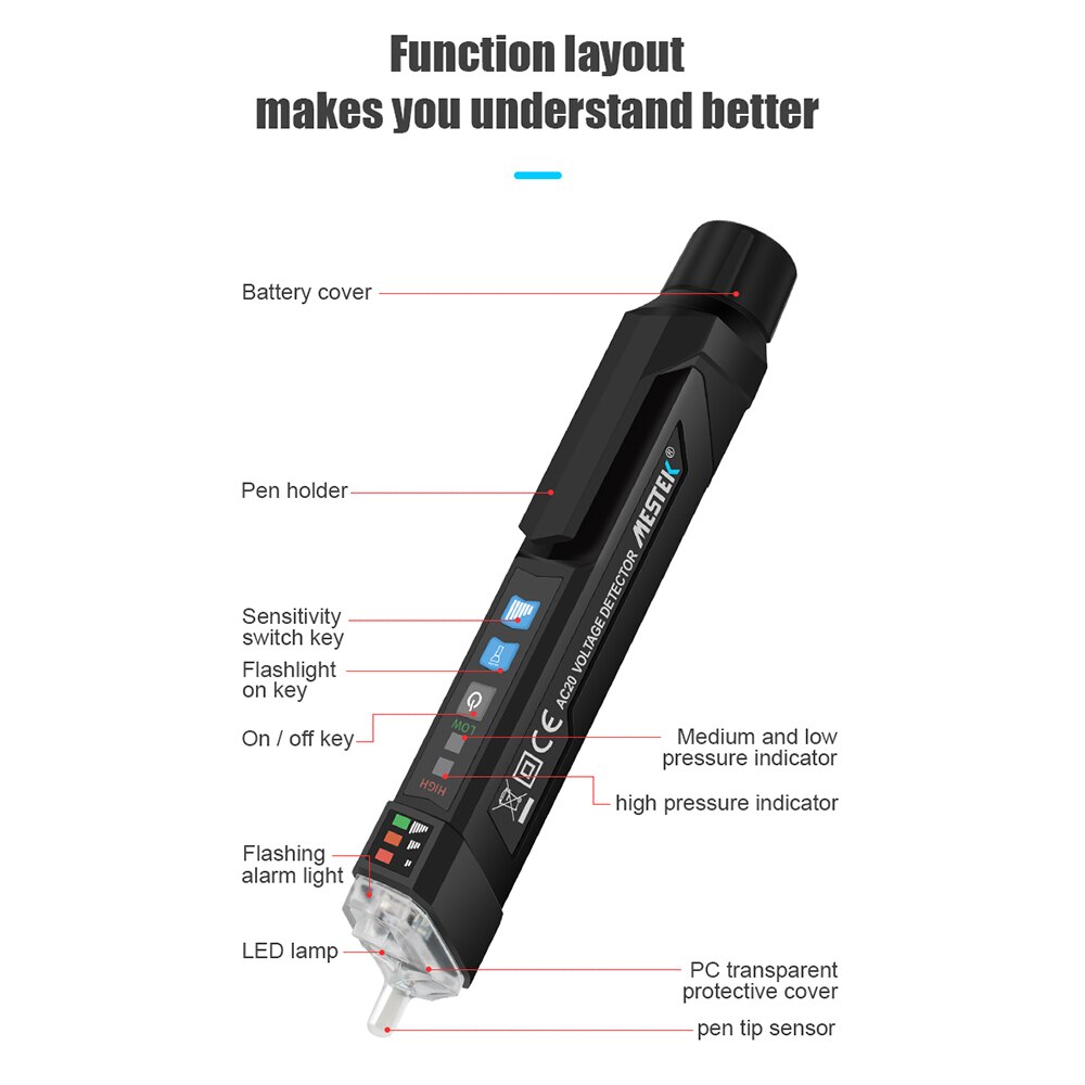 MESTEK AC20 Digital 12-1000V AC Voltage Detectors Non-Contact Tester Pen Tester Meter Volt Current Electric Test Pencil