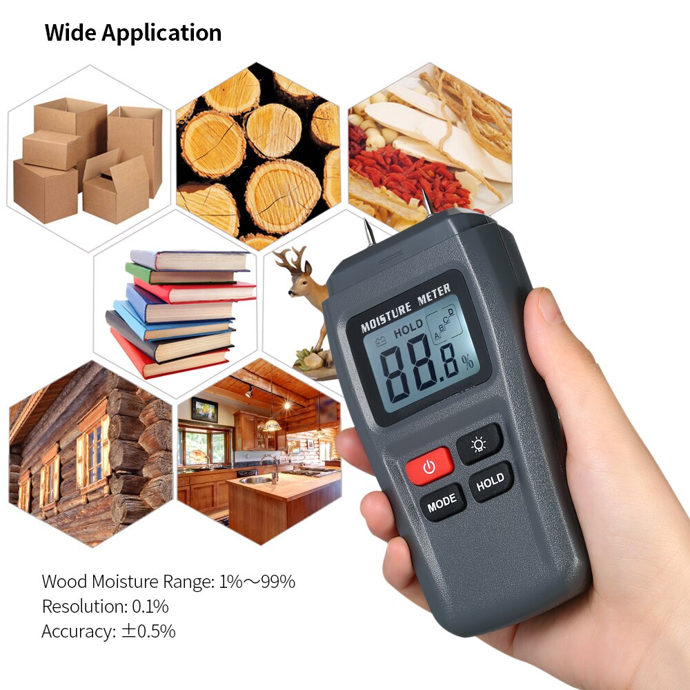 Digital Wood Humidity Moisture Meter Hygrometer Handheld LCD Lumber Damp Detector Timber Humidity Content Tester 2 Pin Probe