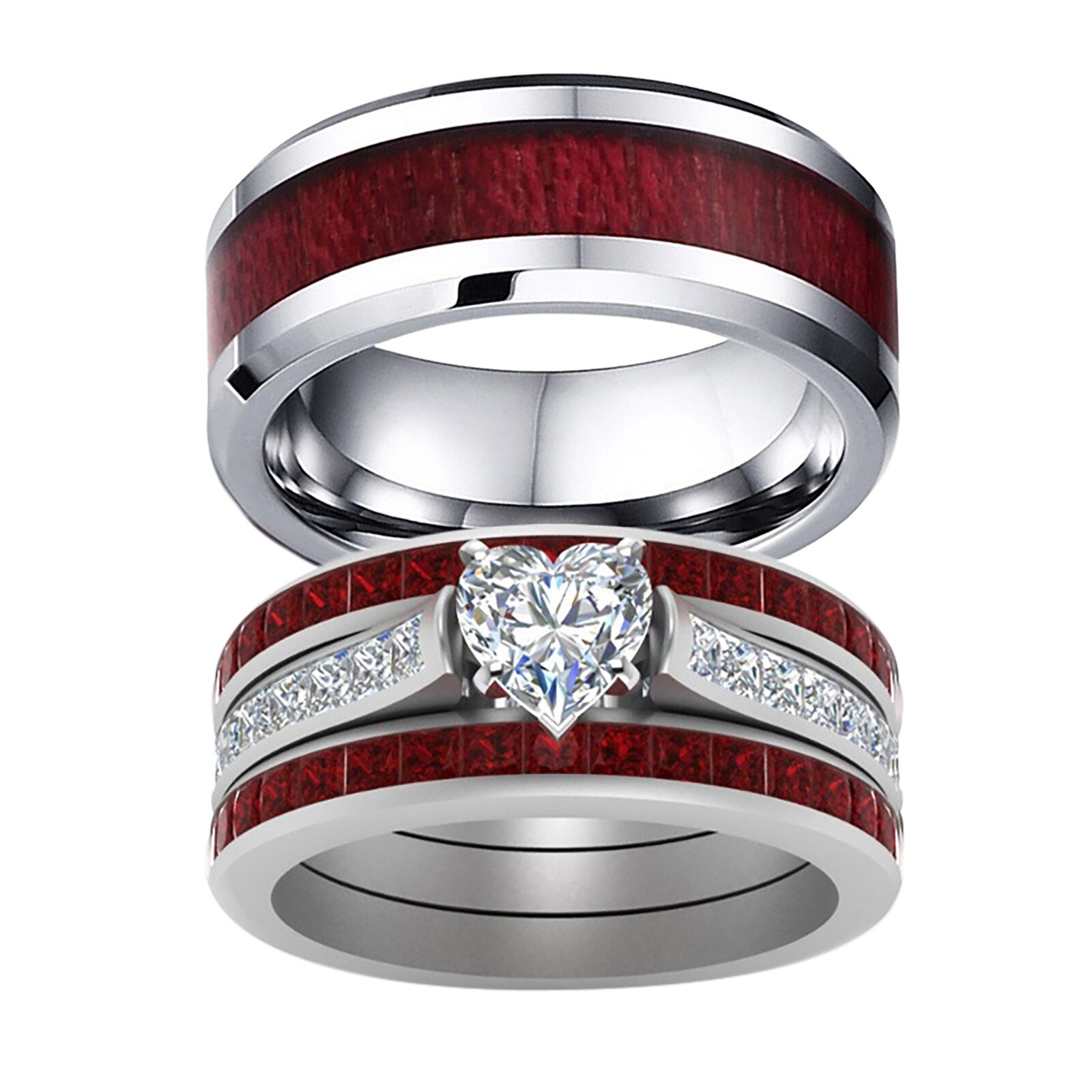 Paar Bruiloft Sieraden Classic Ringen Paar Ring Houtnerf Titanium Staal Hart Drie Layer Ring Ring Set Eenvoudige Creatieve