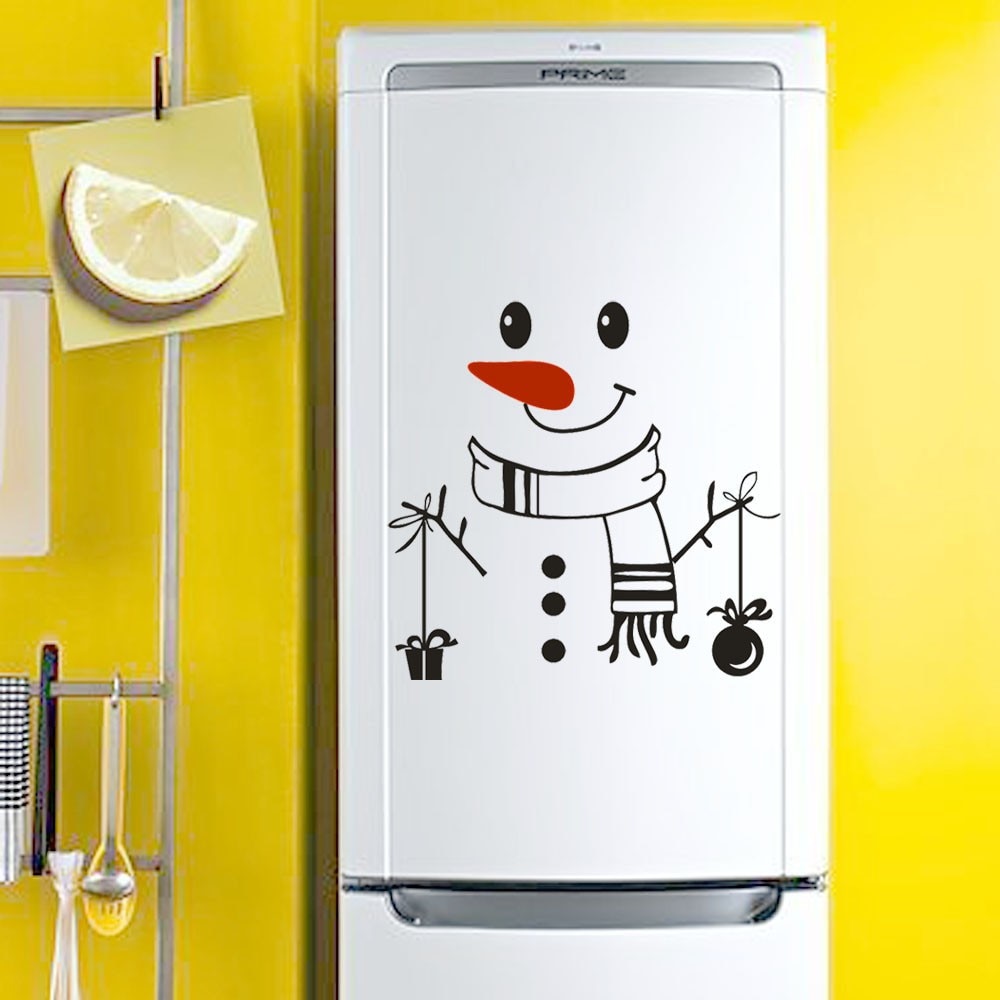 Merry Christmas Snowman Fridge Stickers Kitchen Waterproof Posters Decals Happy Year Christmas Fridge Wall Stickers