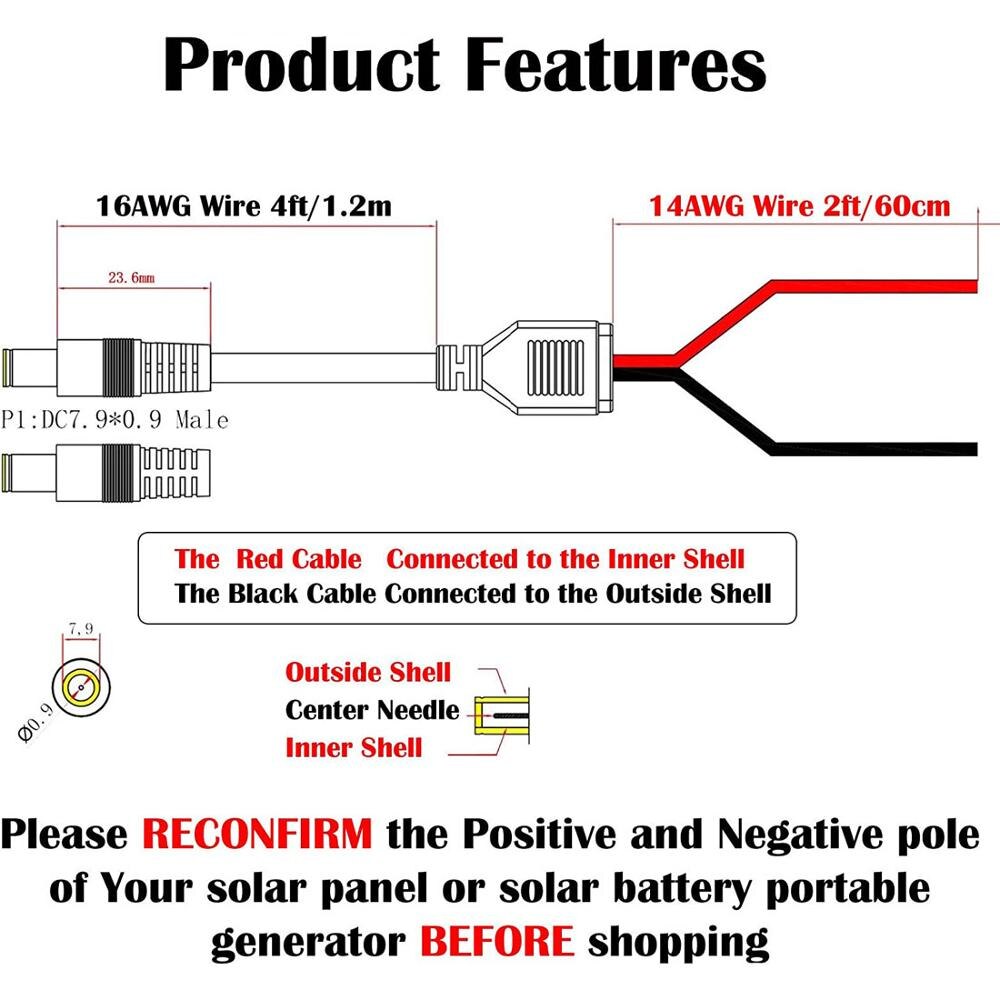 Connectors to DC 8mm Adapter 14-16 AWG Cable for Solar Panel Goal Zero Yeti 6 ft.