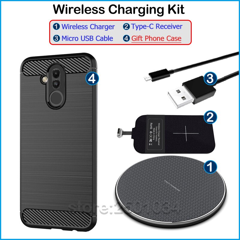 Qi trådløs opladning til huawei mate 20 lite qi trådløs oplader+usb type c modtager nillkin adapter stik tpu etui: Trådløst opladersæt