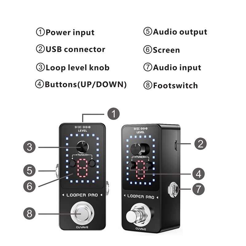 CUVAVE LOOPER PRO Erweiterte Gitarre Schleife Pedal Gitarre Teile Effekte Pedal 9 Loops Unbegrenzte Overdubs Gebaut-in Tuner Funktion