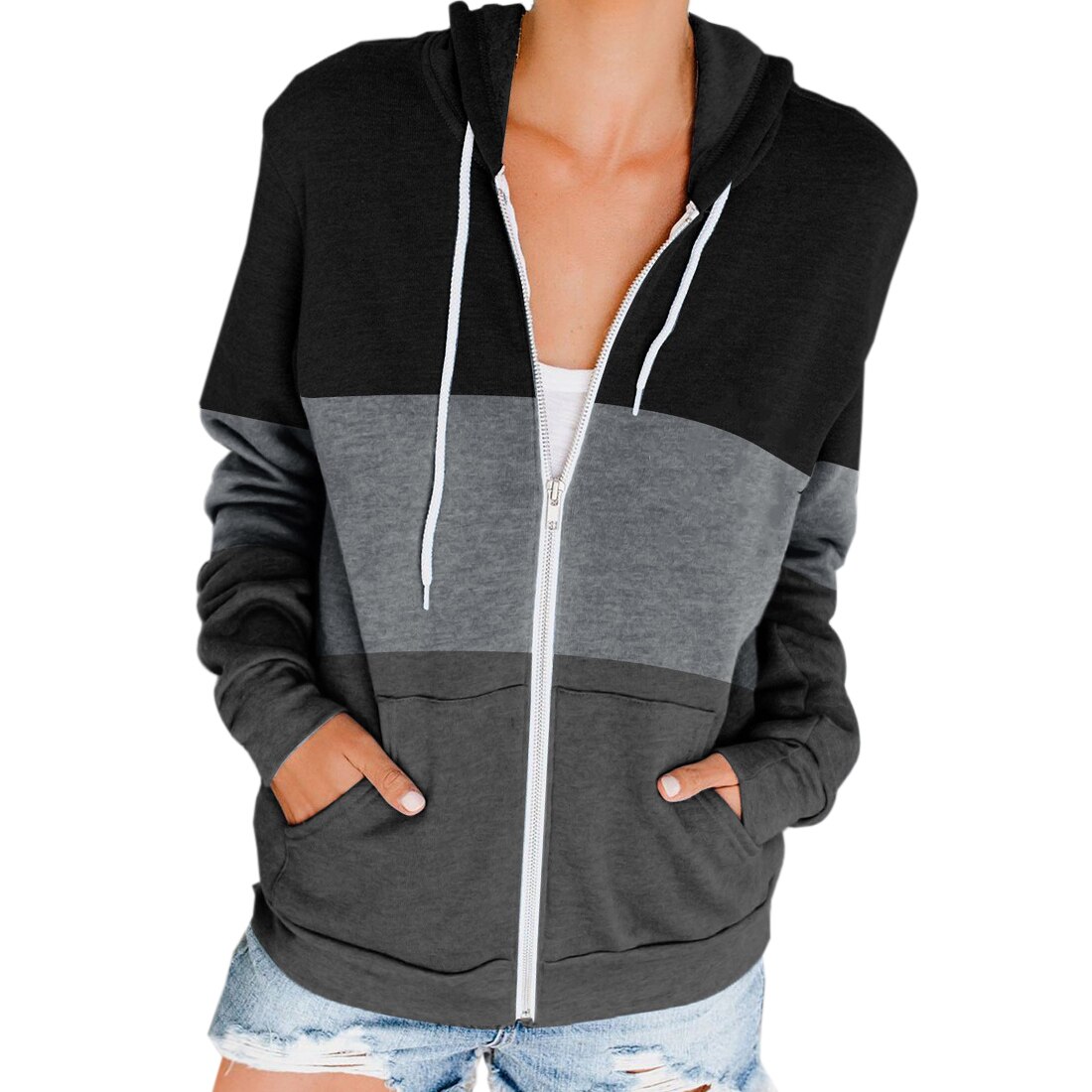 Women's Full Zip Up Hoodie Striped Panel Long Sleeve Sports Hoodie Sweatshirts with Pockets Jacket Coat for Women Arrivals: L / black