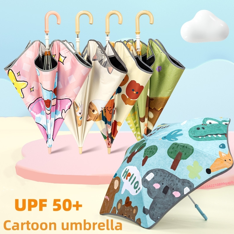 Paraguas UV de dibujos animados para niños, sombrilla de mano larga, protección contra la lluvia y el sol, esquinas redondas, con tira reflectante