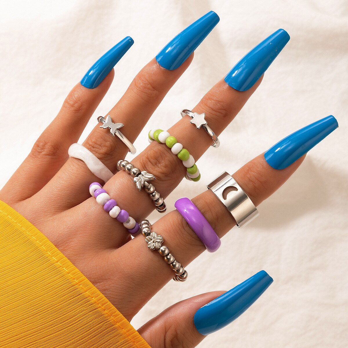 HI MAN 14 Pcs/Set Neo-Gothic Mixed Yin Yang Figure Feather Elephant Star Moon Sun Ring Women Personality Vintage Jewelry