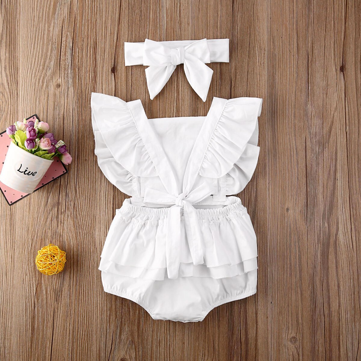 0-24M Säuglings freundlicher Baby Mädchen Jungen Bodys Stirnband Blumen- Spitze Rüschen Kurzarm Overall Stirnband 3 Farben