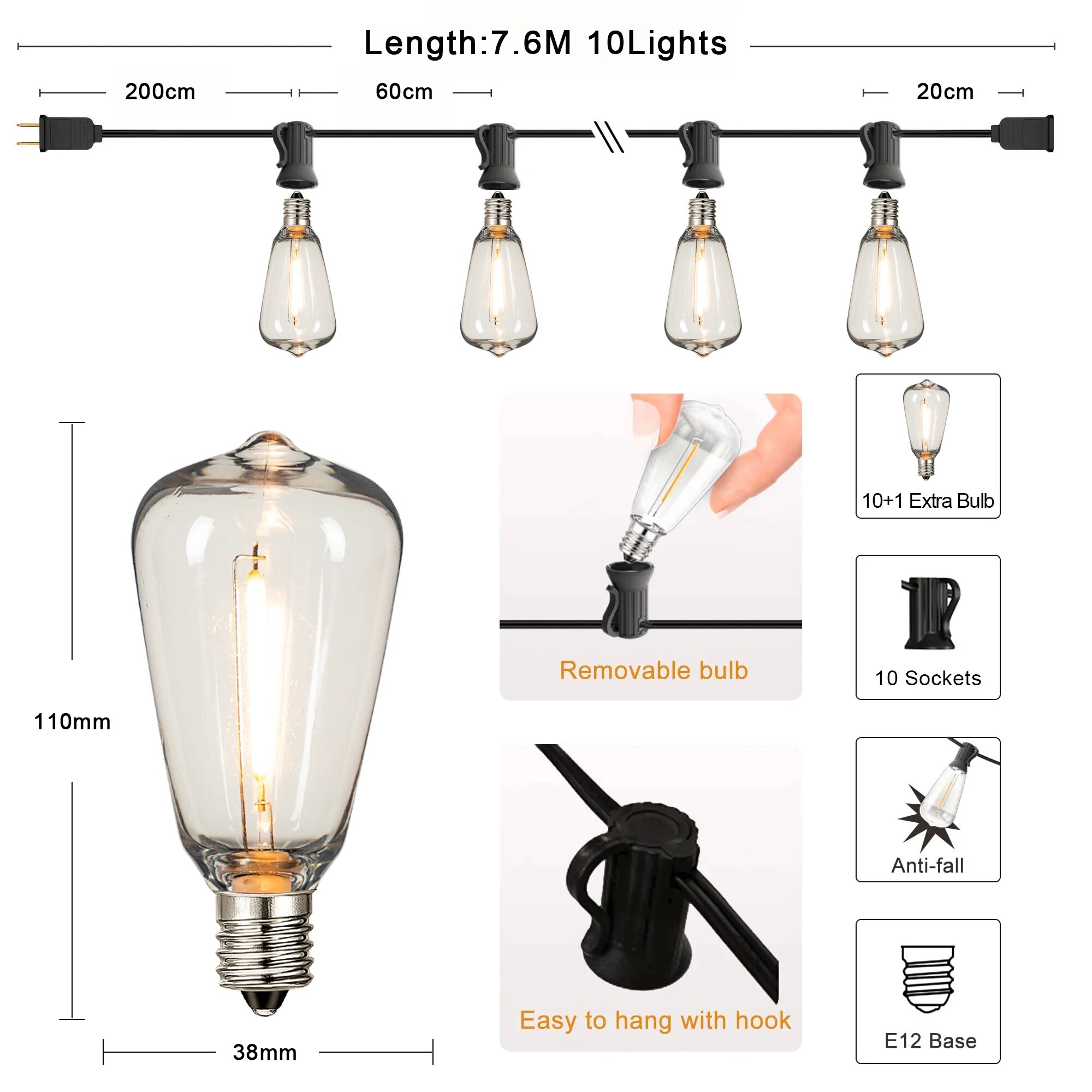 ST38 Lichtslingers Buitenslinger Aansluitbaar Onbreekbaar Waterdicht Plastic LED-lamp Dimbaar Patio Tuin Decor Fairy Lighst: changeable / eu-stekker