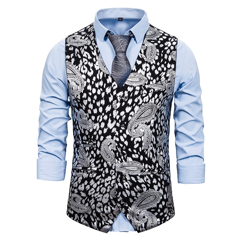 Mens Gold Silver Leopard Print Vest Paisley Flower Metallic Suit Waistcoat Male Prom Party Disco Dress Vest Tuxedo Gilet Homme: Silver / XXL
