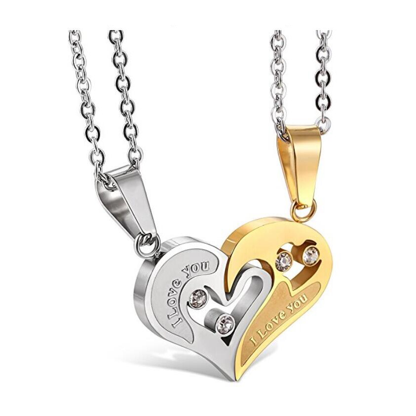 Twee Kleuren Rvs Heren Dames Paar Ketting Hanger Liefde Hart Cz Puzzel Matching: gold