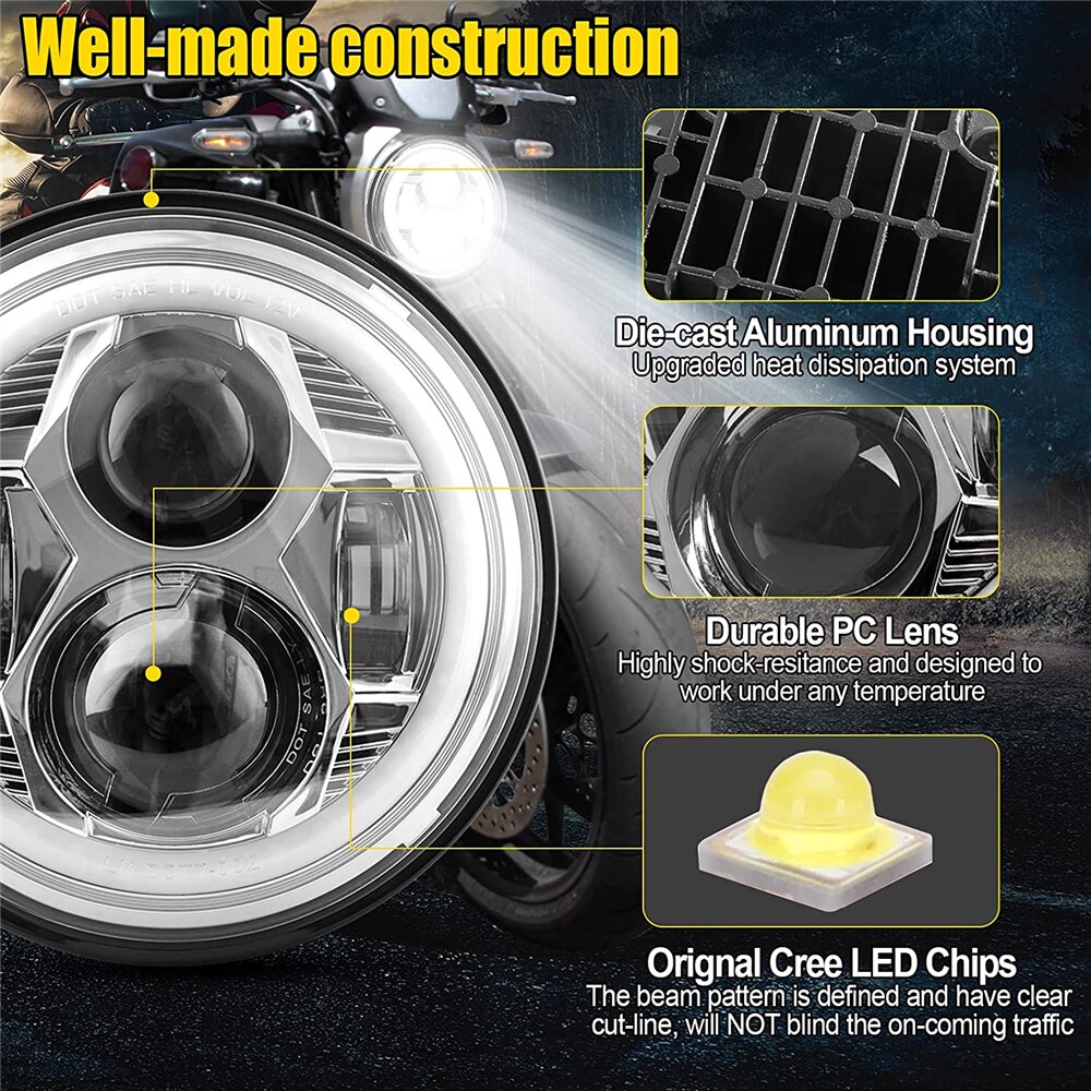 Phare de moto H4 LED rond 7 pouces, pour 93-08 Ducati Monster 1000 600 Halo anneau Amver pour jeep TJ Touring Lada 4x4 Yamaha Niva
