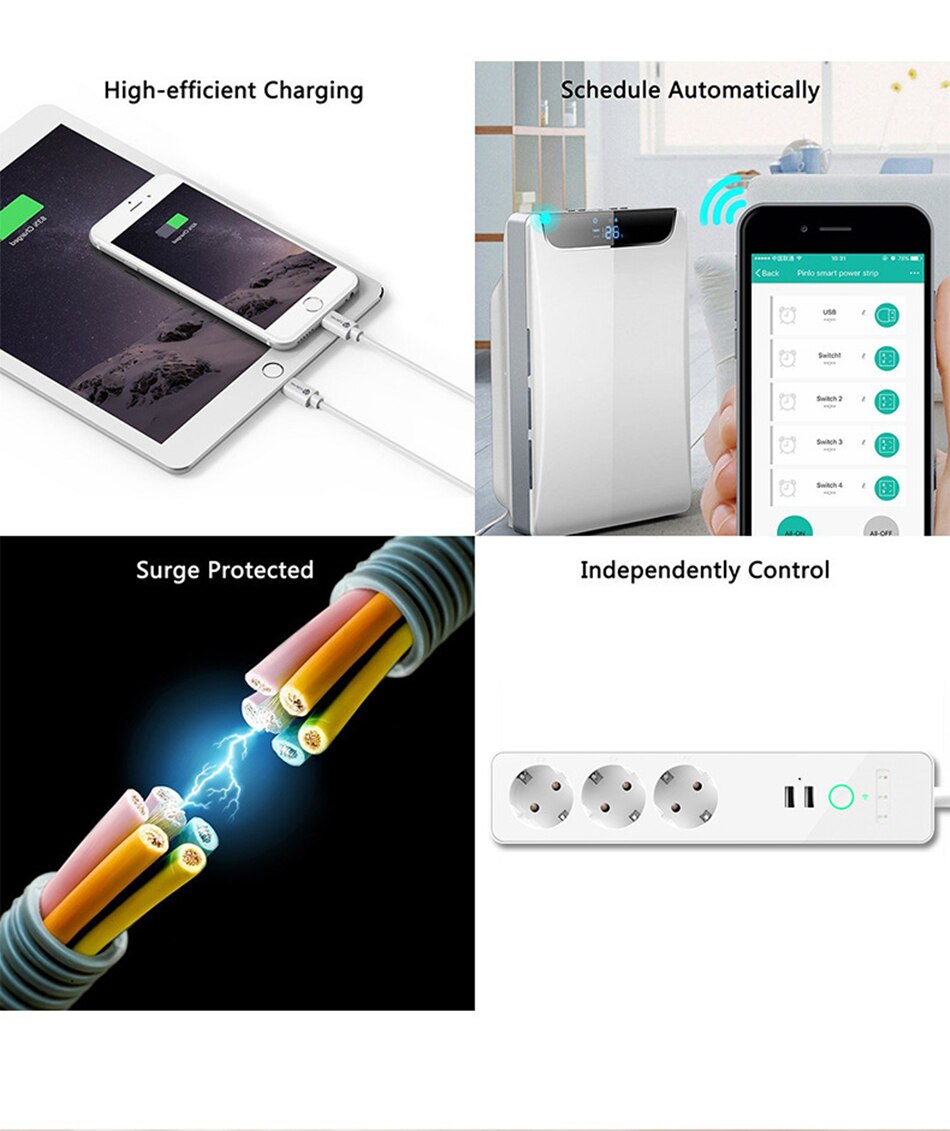 Regleta de potencia inteligente con enchufe WiFi de 16A, enchufe multienchufe con 3 salidas de CA y 2 puertos de carga USB, Control por voz, funciona con Alexa google home