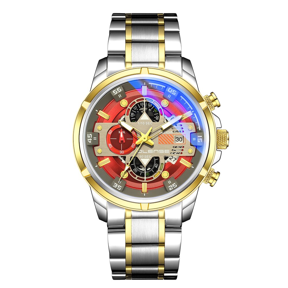 Olense Mode Heren Horloges Met Rvs Top Luxe Sport Chronograaf Quartz Horloge Mannen Relogio Masculino: Gold Red