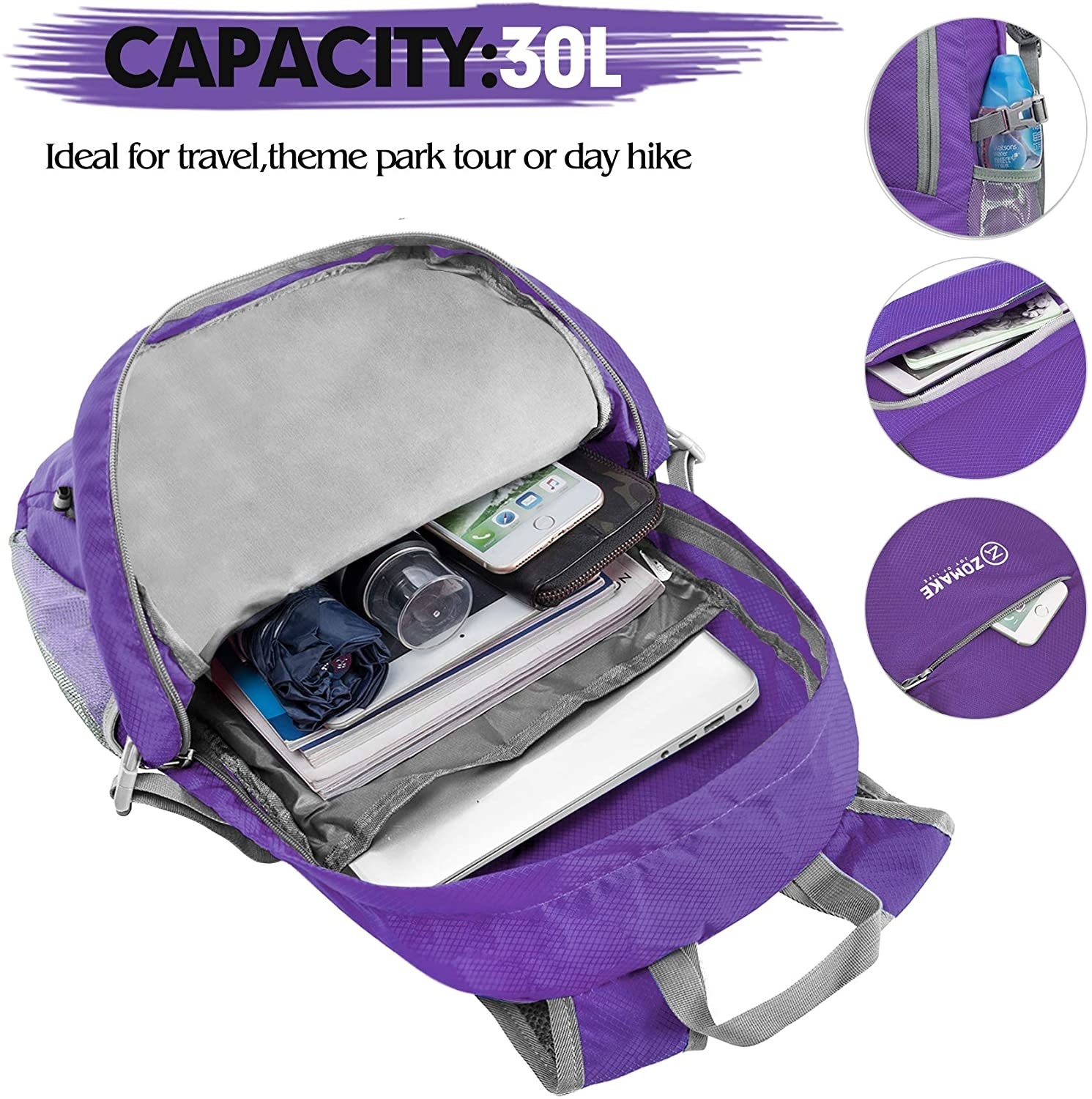 Zomake – sac à dos pliant 30L léger, sac à dos compact, étanche, adapté à la randonnée pour hommes et femmes