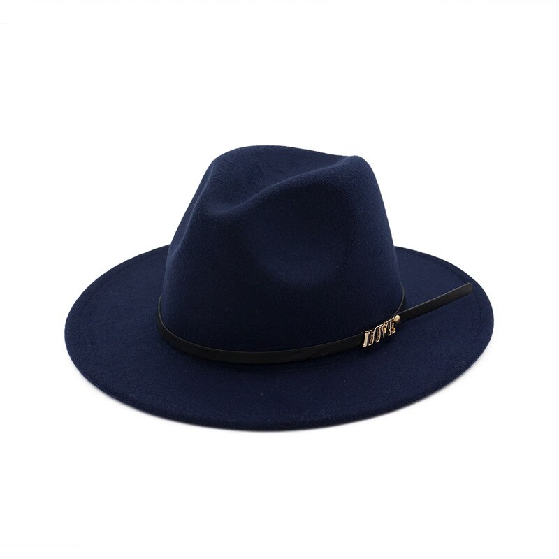 Men Wool Fedora Hat Wide Brim Women Faux Woolen Ladies Fedora LOVE Logo Jazz Hat Belt Caps Bowler Felt Hats Autumn Winter: Navy