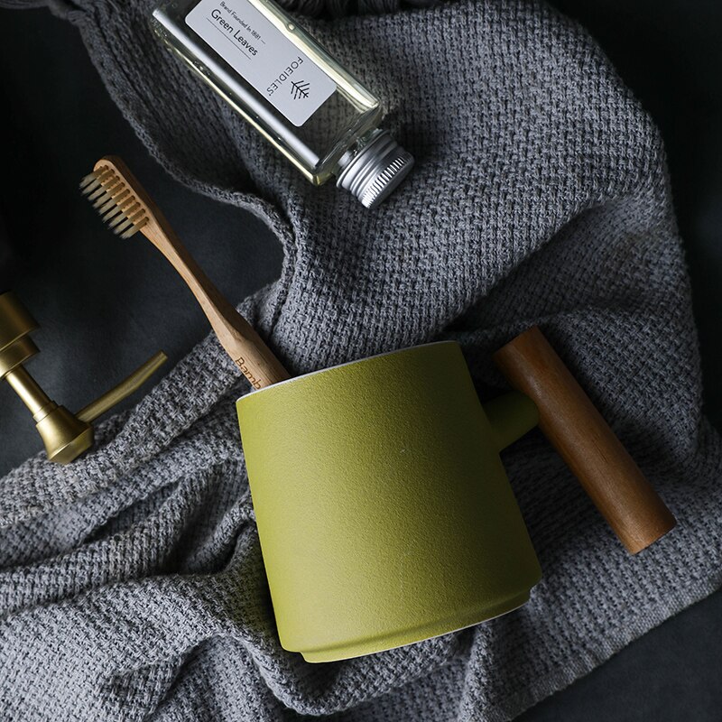 Juego de tazas de boca de cerámica con mango de madera, accesorios de decoración para el baño, hogar, Hotel, 3 unidades