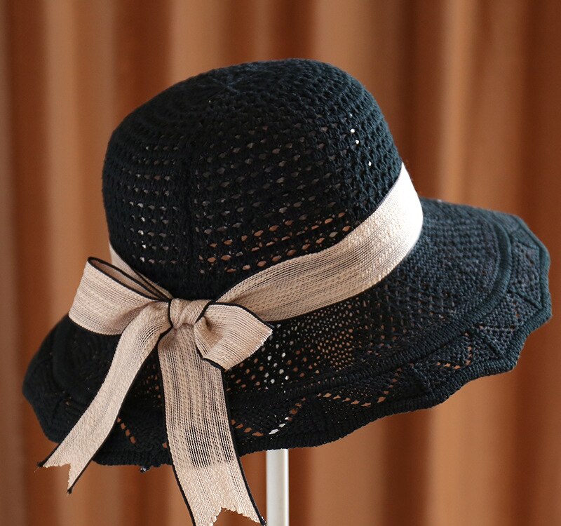 Spring Summer Cotton Knitted Bow Sun Hats Ladies Shade Straw Hat Breathable Big Brim Basin Hat Sunscreen Beach Caps: Black
