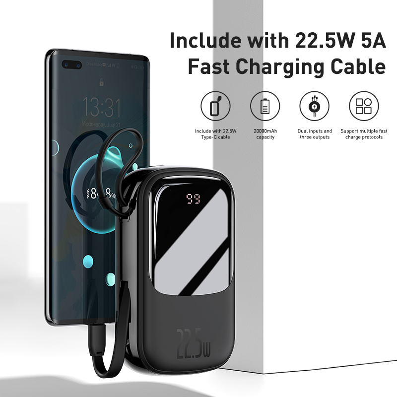 Baseus power bank 20000mah pd carregamento rápido powerbank embutido cabos carregador portátil bateria externa para o telefone