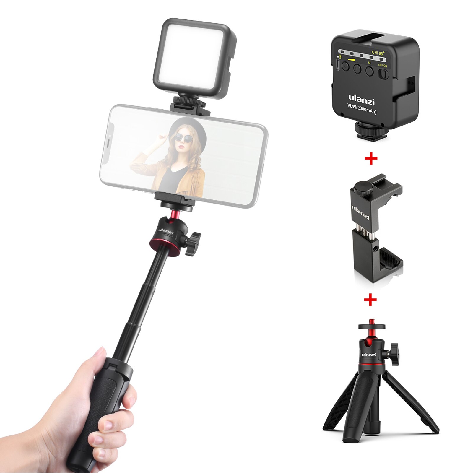 Ulanzi telefon video vlog kit med selfie stick stativ led fyld lys telefon klemmeholder universal 1/4 koldsko montering