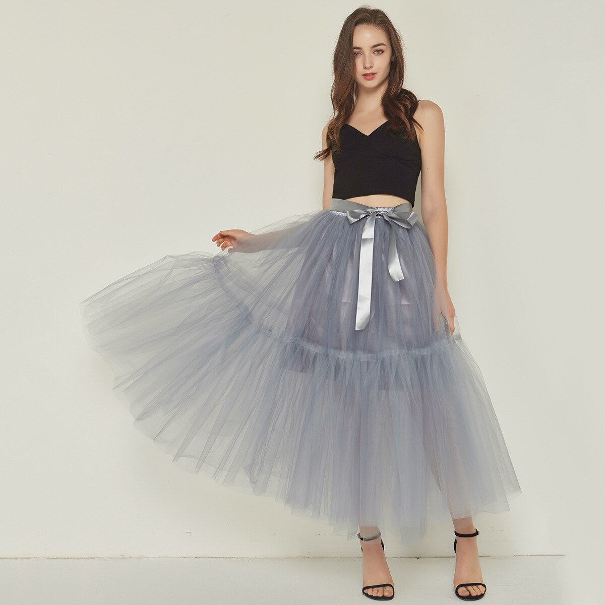 Underkjol tutu l tyll kjol vintage midi veckade kjolar lolita brudtärna bröllop faldas mujer saias jupe: Grå