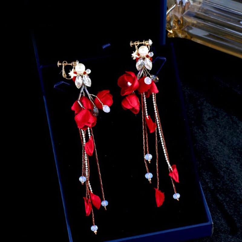 Bride Wedding Red Holeless Clip Earrings Earrings Ear Studs for Women Bridesmaid Dangle Earring Party Dance Jewelry: 02-1