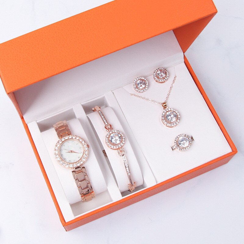 2022 5Pcs Set Watch Women Quartz Watch Bracelet Necklace Earring Ring Watch Sets Female Jewelry Lady&#39;s