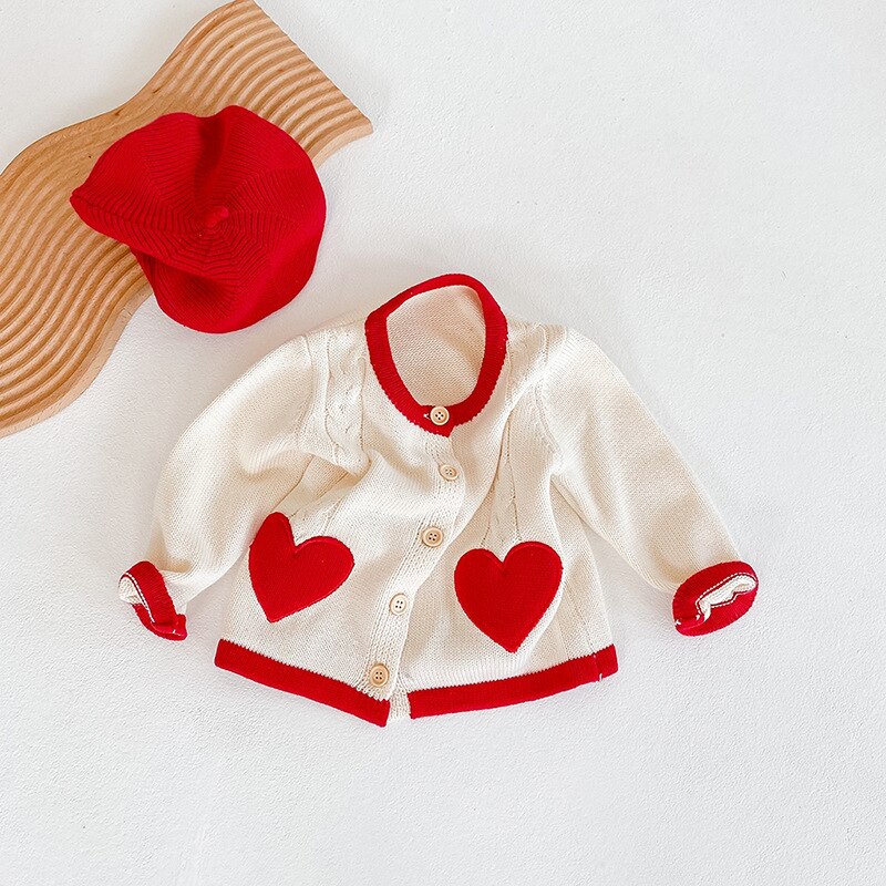 Baby Girl Cardigan Sweater Kids Coat Heart Printed Knitted Color Pattern Sweater Long Sleeve Jacket for Toddlers Girls Sweaters