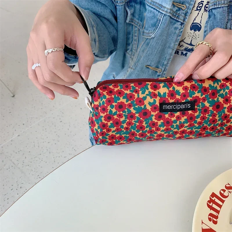 Women Corduroy Flower Cosmetic Bags Travel Brush Lipstick Storage Case Female Makeup School Stationery Pencil Cases: plum