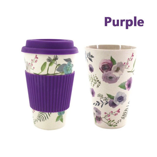 400ml Reusable Bamboo Fibre Coffee Cup Coffee Tea Mug Wheat Straw Travel with Silicone Lid: purple