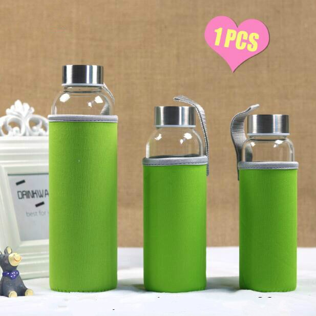 Water Bottle 360/420ml Cute Sport Glass Bottle with Bag Kawaii Eco Friendly Child Bottle Fitness Bike Travel Bottle for Water: 420ml / Green