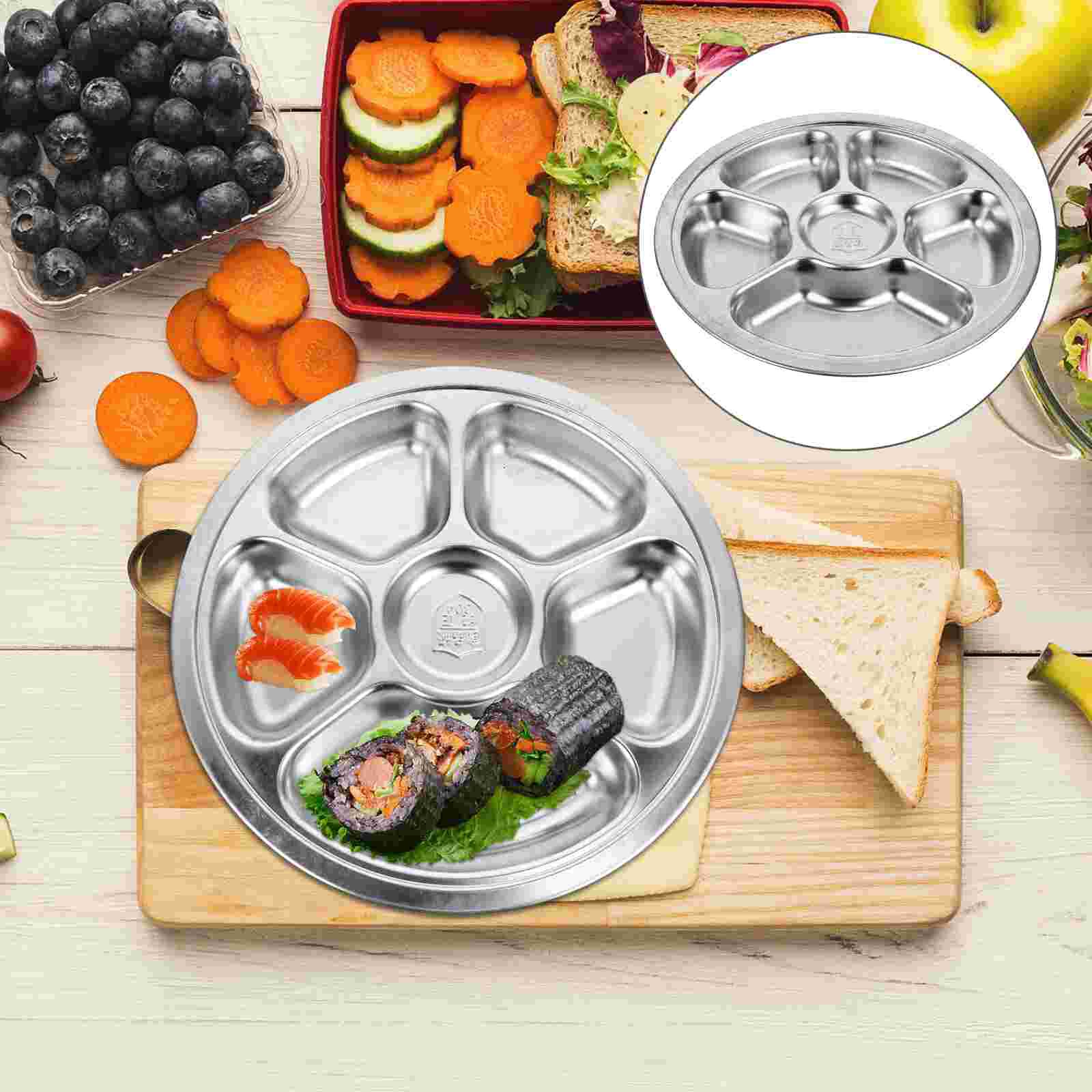 1pc Durable Stainless Steel Food Serving Tray Compartment Tray for Restaurant: Silver 6