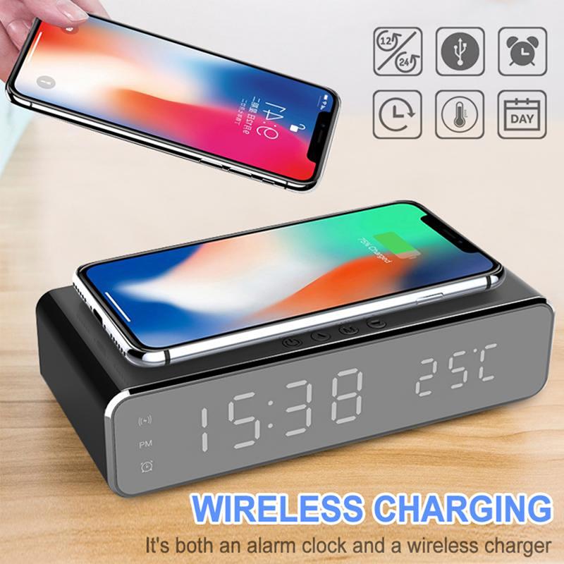 Electric Digital Alarm Clock With Phone Wireless Charger Desktop HD Clock Mirror Table Clock Date Thermometer Time Led Display