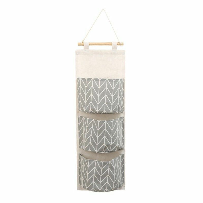 Organizador de lino y algodón para colgar en la puerta de la pared, bolsas de almacenamiento para decoración del hogar, armario, cosméticos, juguetes, 3 bolsillos: Grey