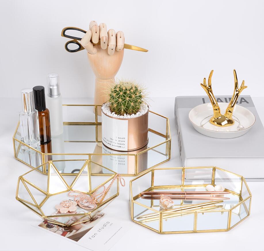 Antique Spacious Mirror Glass Cosmetic Storage Cube Set with 3 Tier Dustproof Drawers Vanity Tray/Gold Metal Makeup Storage