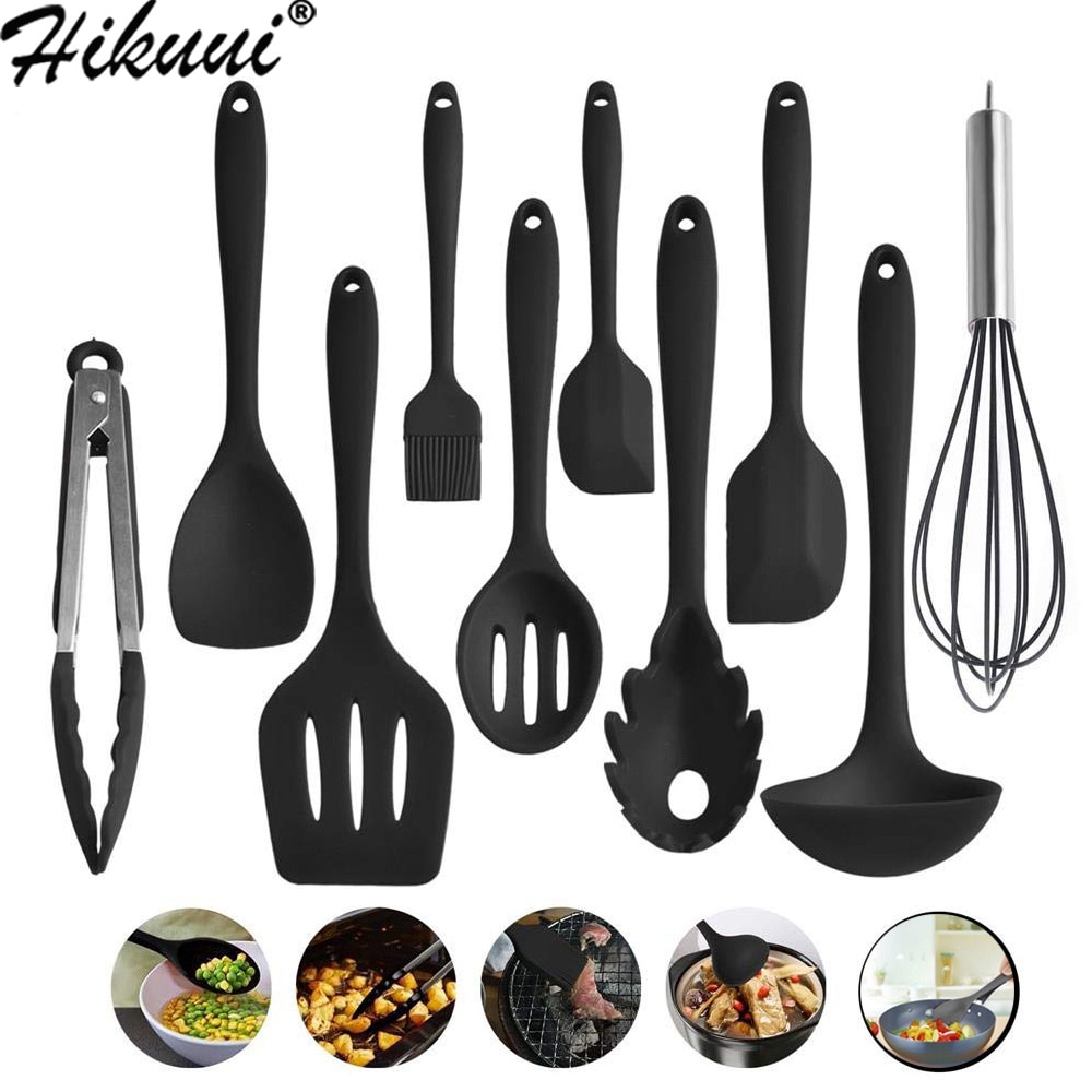 Küche Silikon Kochen Werkzeuge 10 stücke Utensilien Löffel Spachtel Pinsel Dreher Zangen Pasta Gabel Wärme-Beständig Nicht-Stock küche Werkzeuge