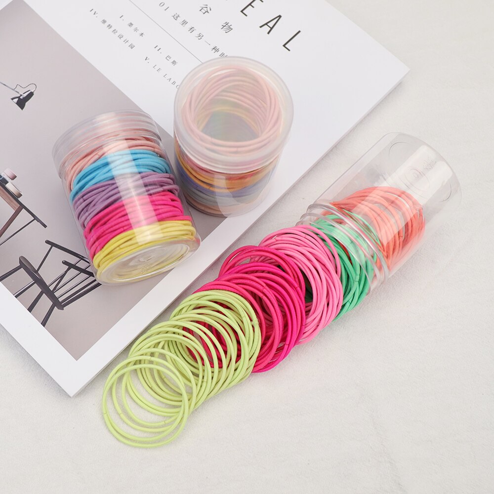 Gomas elásticas de goma para el pelo para niñas y mujeres, gomas finas de colores de 2MM de grosor, accesorios básicos para el cabello, goma bonita para el pelo, botella de 4CM, 100 Uds.