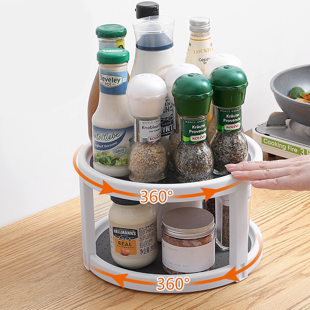 HILIFE Condiment Storage Rack 2 Tier Spice Rack Round Shelf Pantry Cabinet Turntable Rotating Organizer Kitchen Storage Tray