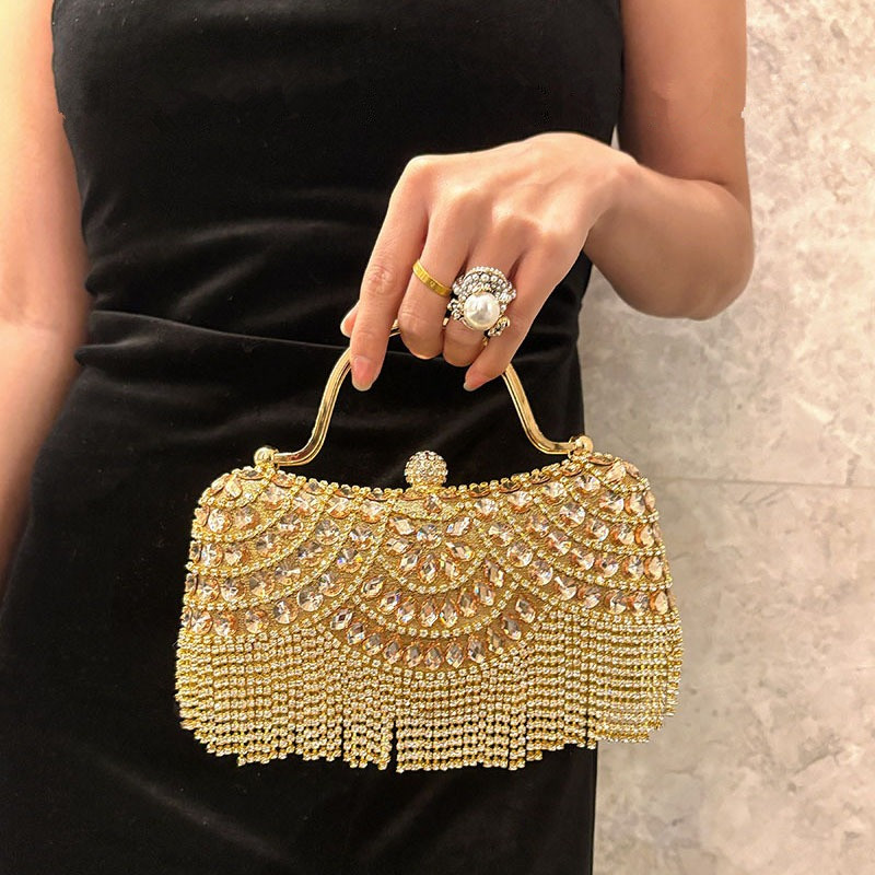 Diamond Evening Clutch Bag Golden Tassel Handbag Boutique Novelty Metallic Rhinestone Purses And Handbags Bridal Wedding Party: Gold